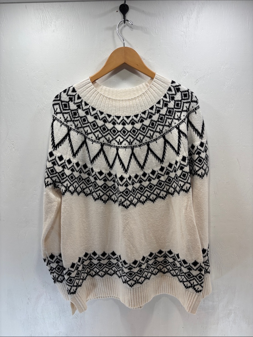 LOFT Knit Nordic Inspired Ivory & Black Fair Isle Crewneck Sweater SZ XL | NWT